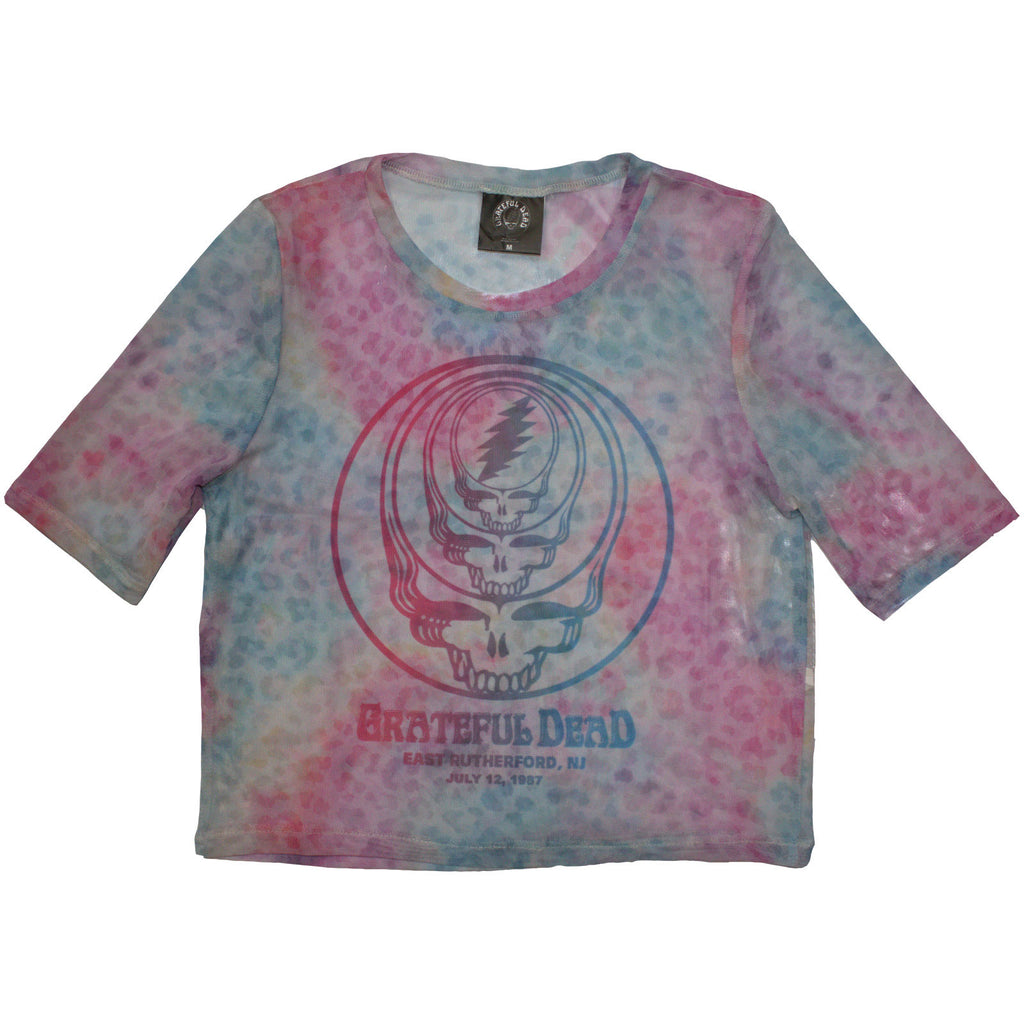 Grateful Dead Ladies Mesh Crop Top: Concentric Skulls (Light Blue)