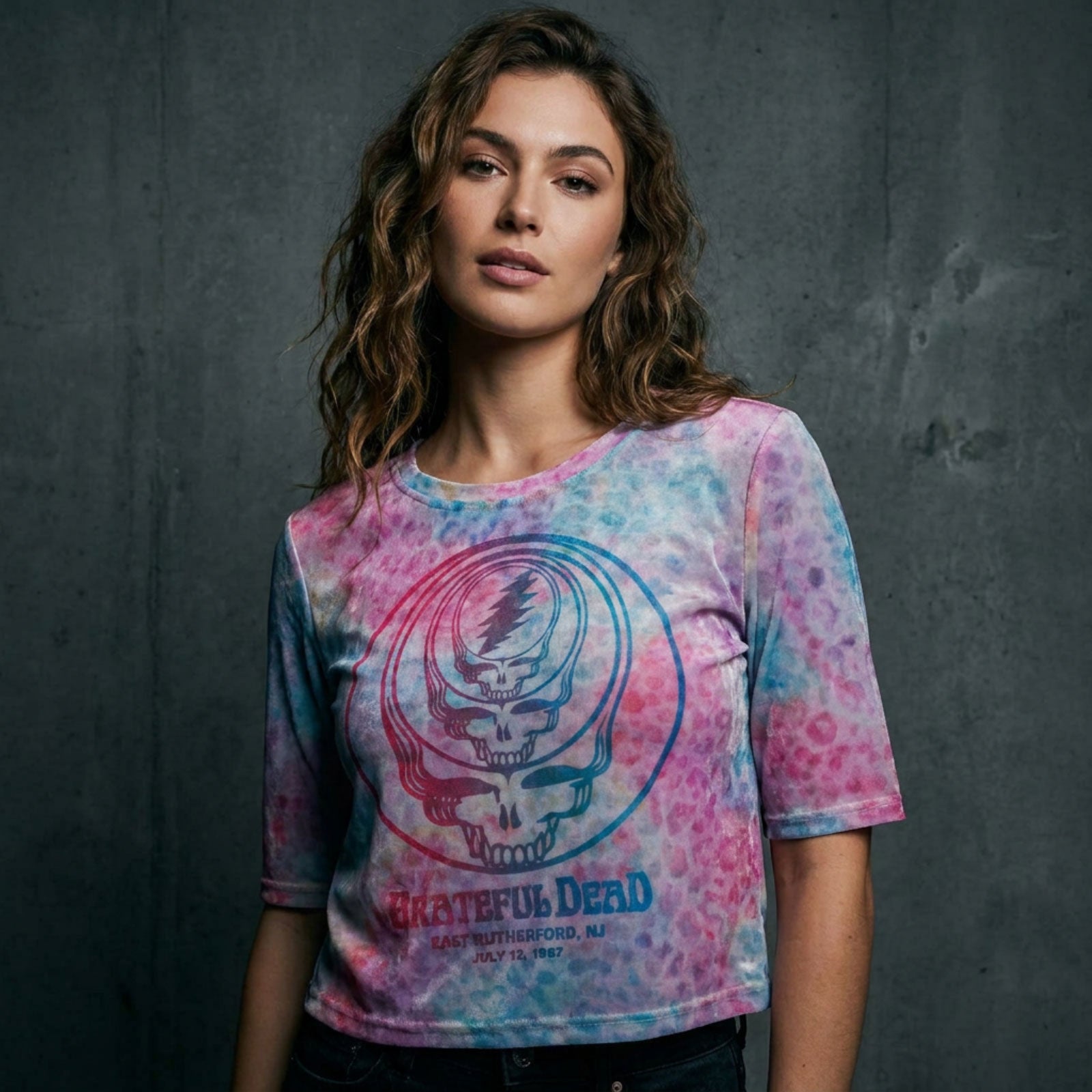 Grateful Dead Ladies Mesh Crop Top: Concentric Skulls (Light Blue)