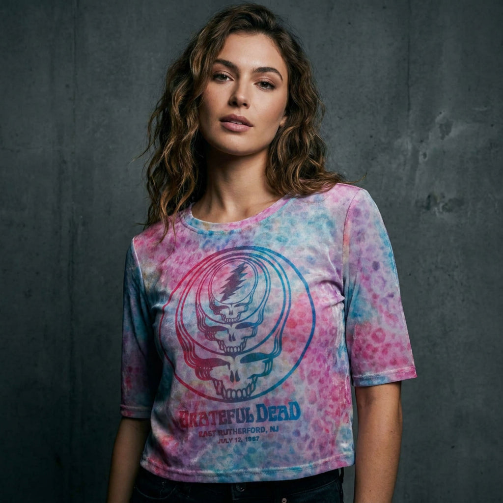 Grateful Dead Ladies Mesh Crop Top: Concentric Skulls (Light Blue)