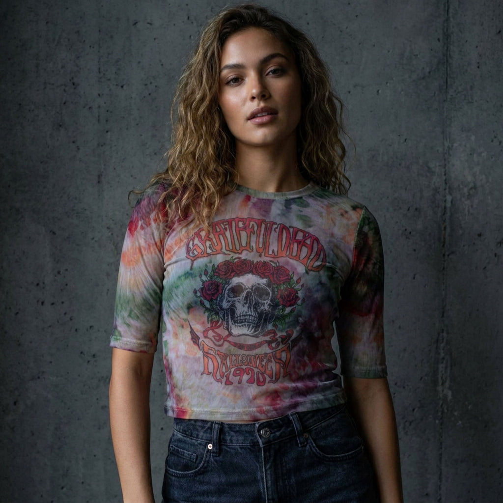 Grateful Dead Ladies Mesh Crop Top: Stony Brook Bertha (White)