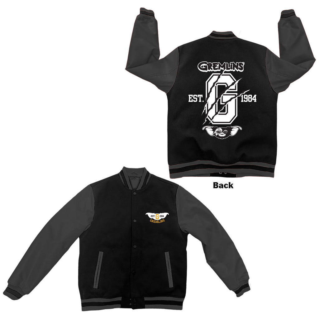 Gremlins Unisex Varsity Jacket: Est. 1984 (Black & Charcoal Grey) (Back Print)