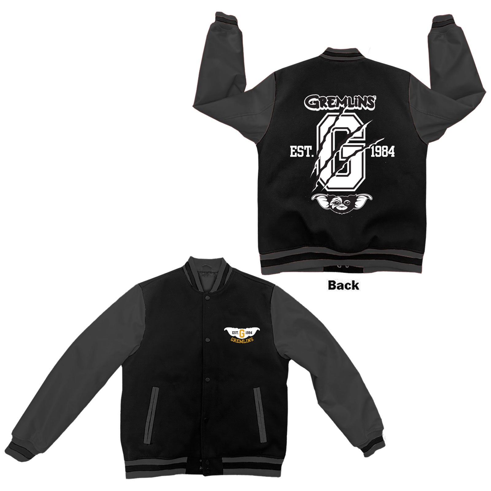 Gremlins Unisex Varsity Jacket: Est. 1984 (Black & Charcoal Grey) (Back Print)