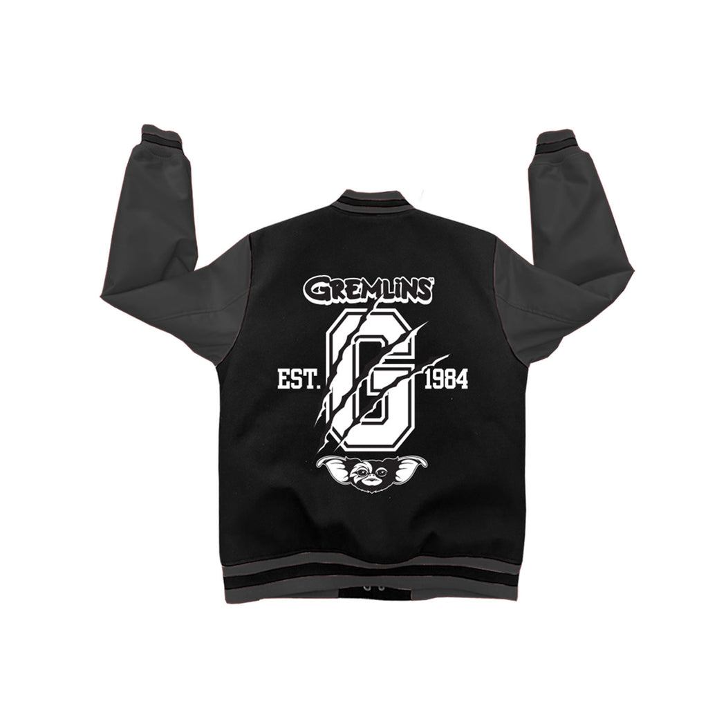 Gremlins Unisex Varsity Jacket: Est. 1984 (Black & Charcoal Grey) (Back Print)