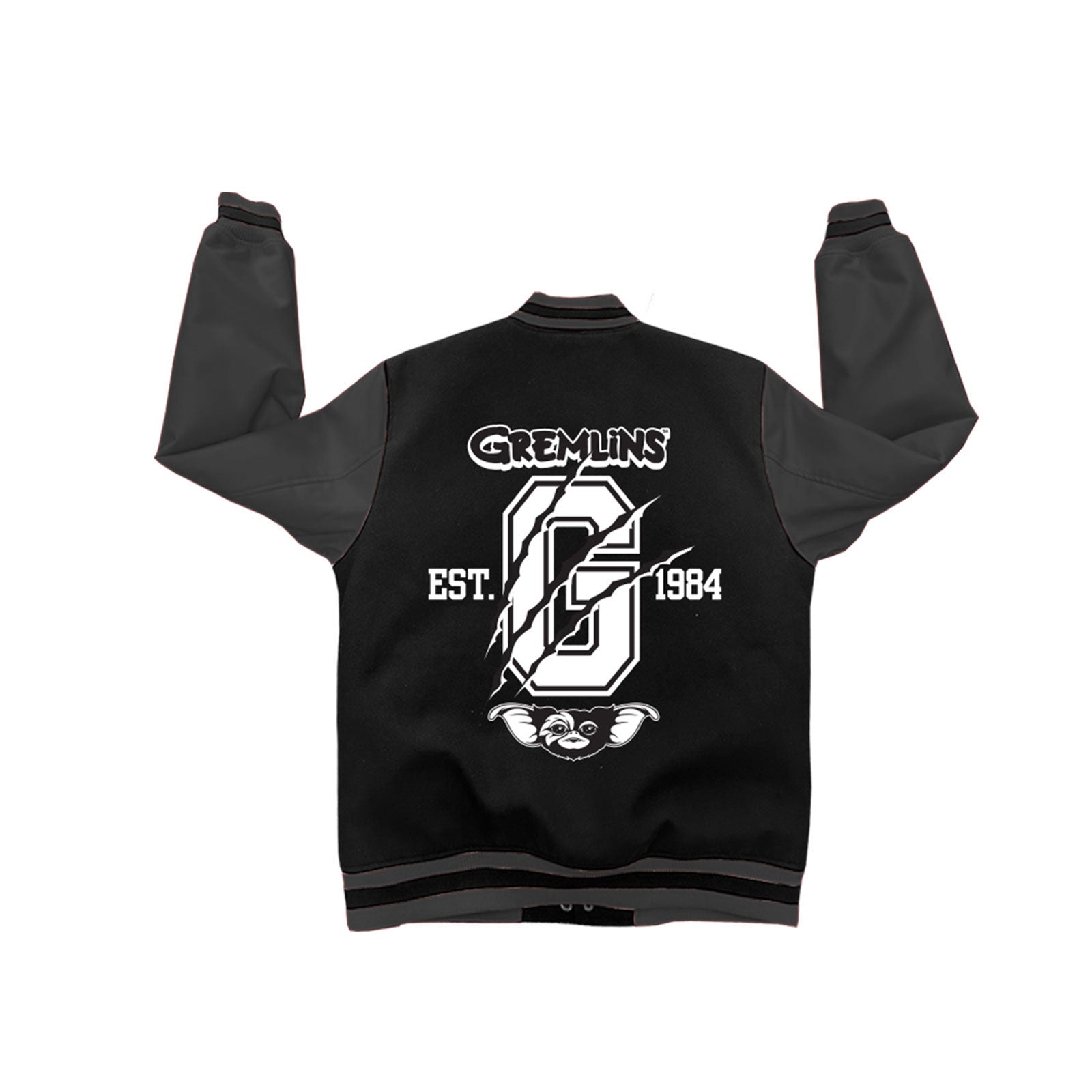 Gremlins Unisex Varsity Jacket: Est. 1984 (Black & Charcoal Grey) (Back Print)