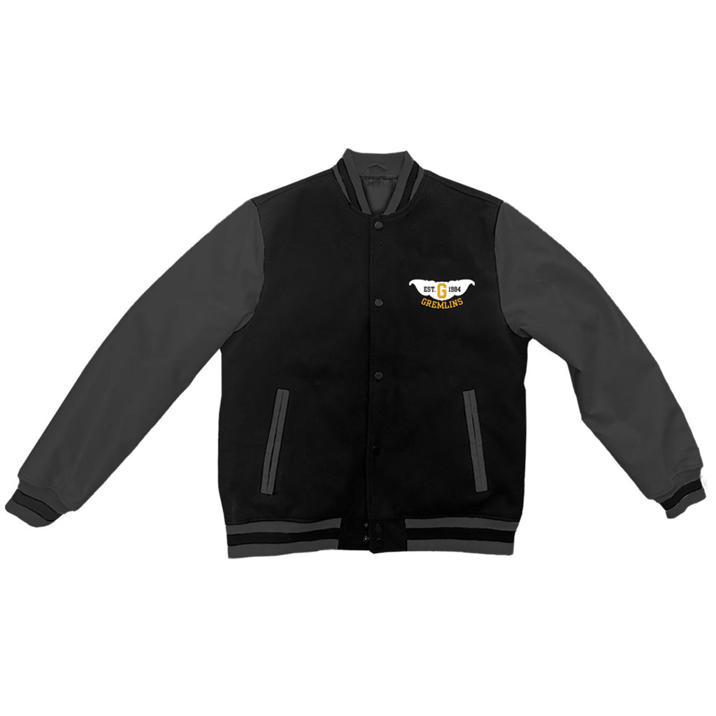 Gremlins Unisex Varsity Jacket: Est. 1984 (Black & Charcoal Grey) (Back Print)