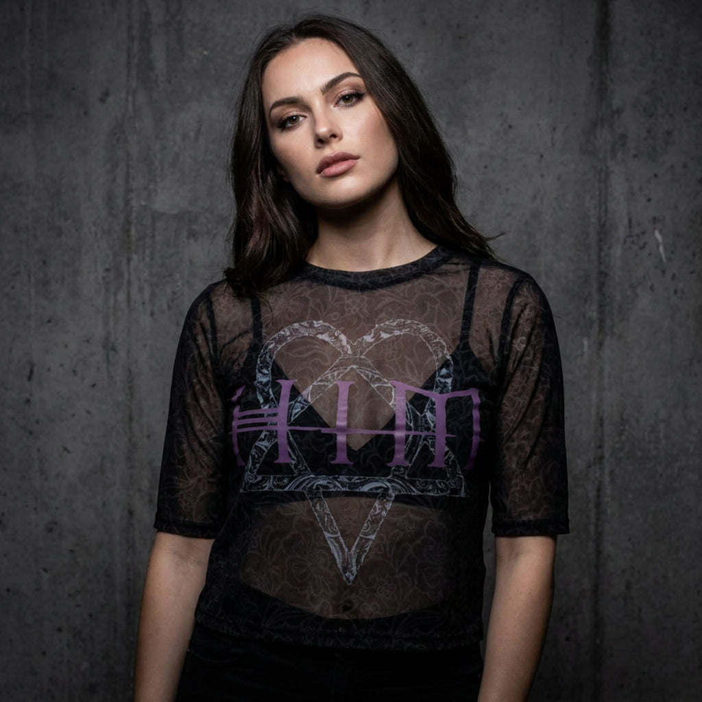 HIM Ladies Mesh Crop Top: Heartagram & Logo (Black)