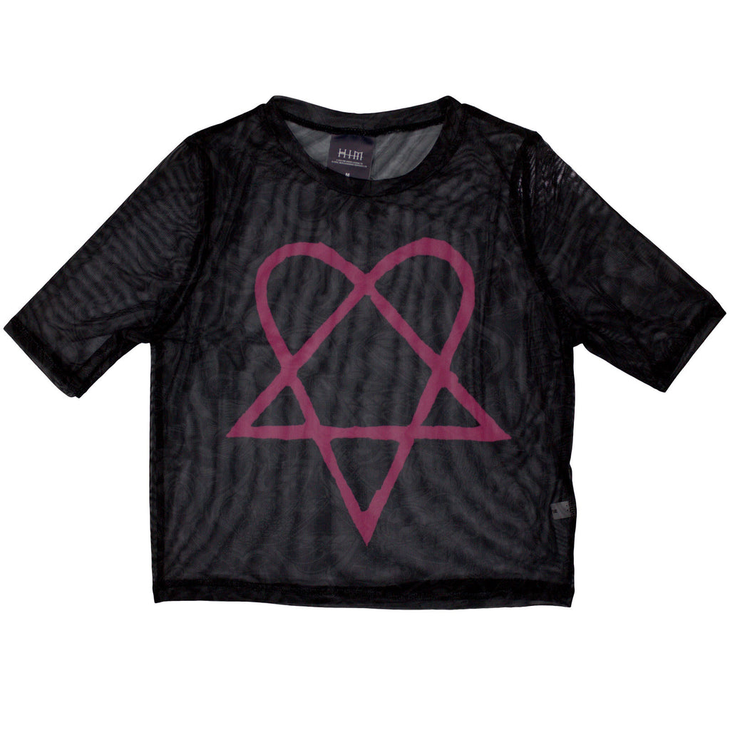 HIM Ladies Mesh Crop Top: Pink Heartagram (Black)