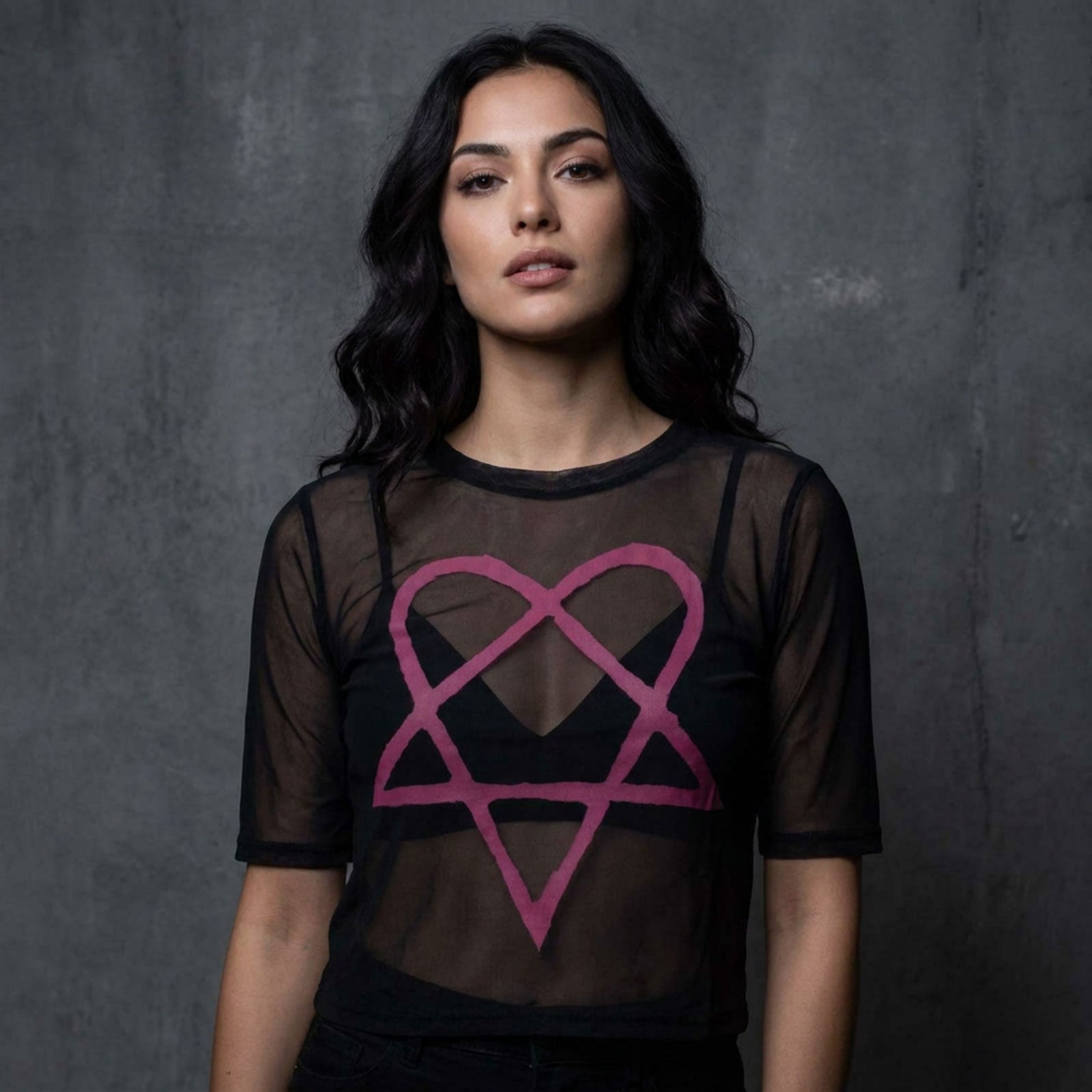 HIM Ladies Mesh Crop Top: Pink Heartagram (Black)