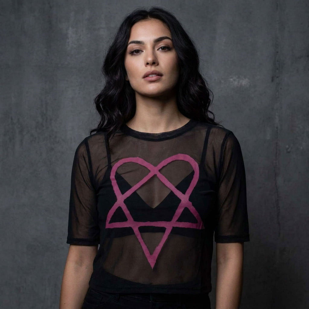 HIM Ladies Mesh Crop Top: Pink Heartagram (Black)