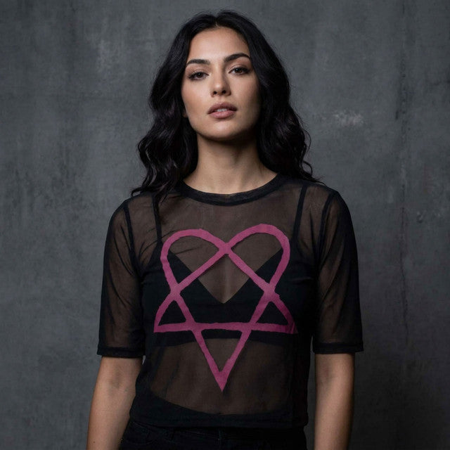 HIM Ladies: Pink Heartagram Mesh Crop Top (Black)