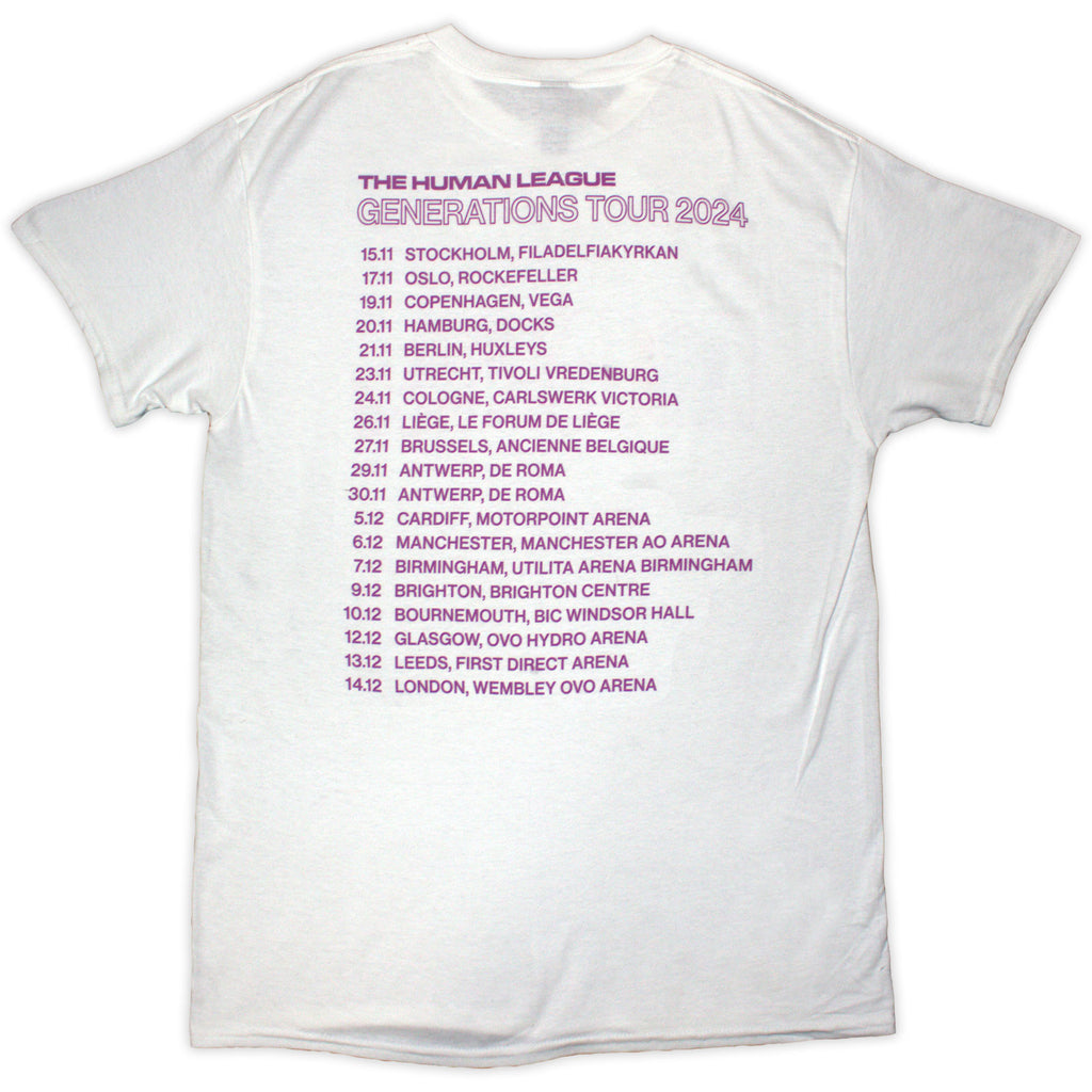 The Human League Unisex T-Shirt: Generations Tour '24 Photo (White) (Back Print & Ex-Tour)