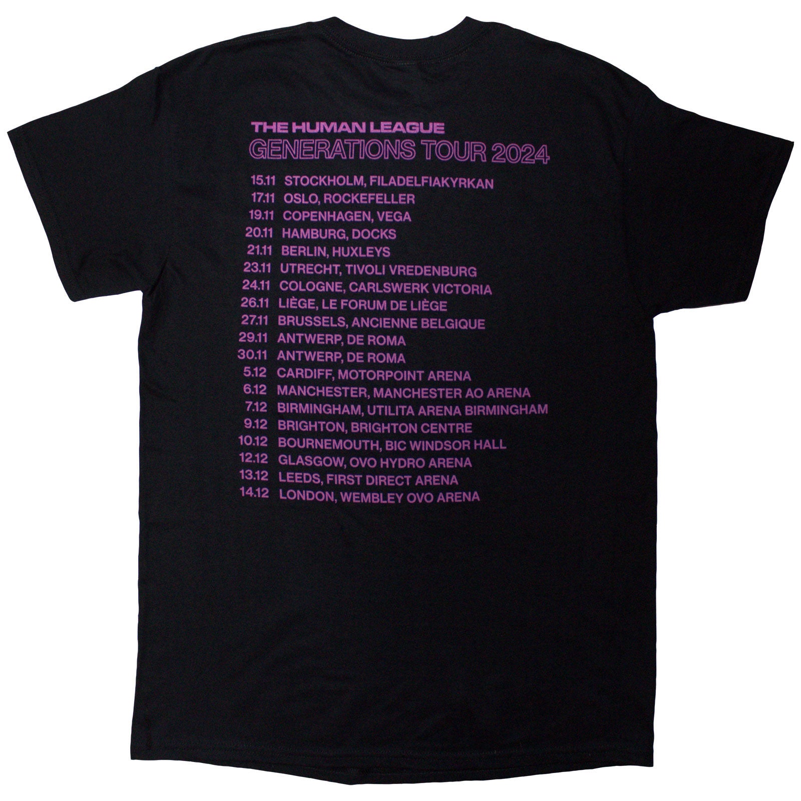 The Human League Unisex T-Shirt: Generations Tour '24 Text (Black) (Back Print & Ex-Tour)