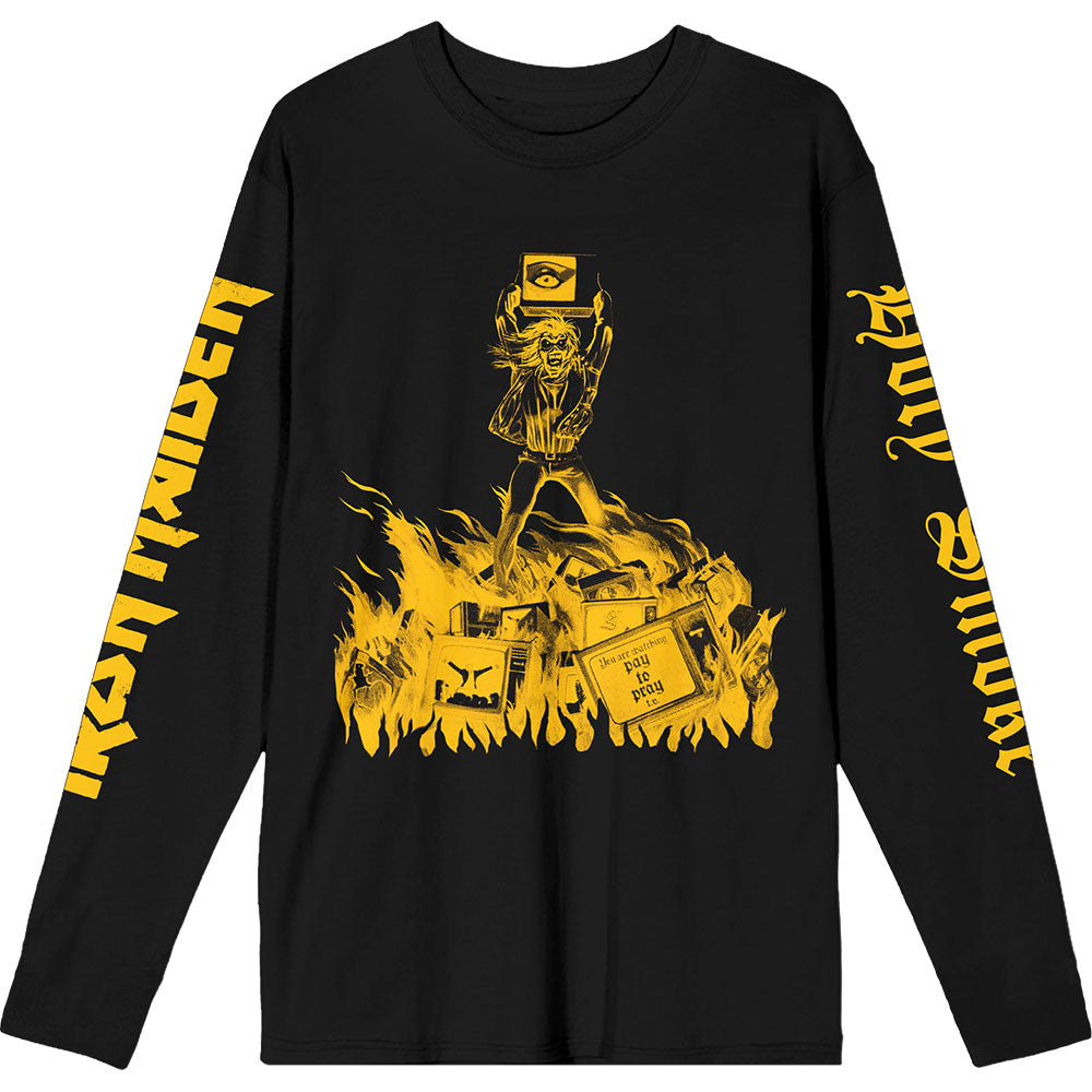 Iron Maiden Unisex Long Sleeve T-Shirt: Holy Smoke Isolated Yellow (Black) (Sleeve Print)