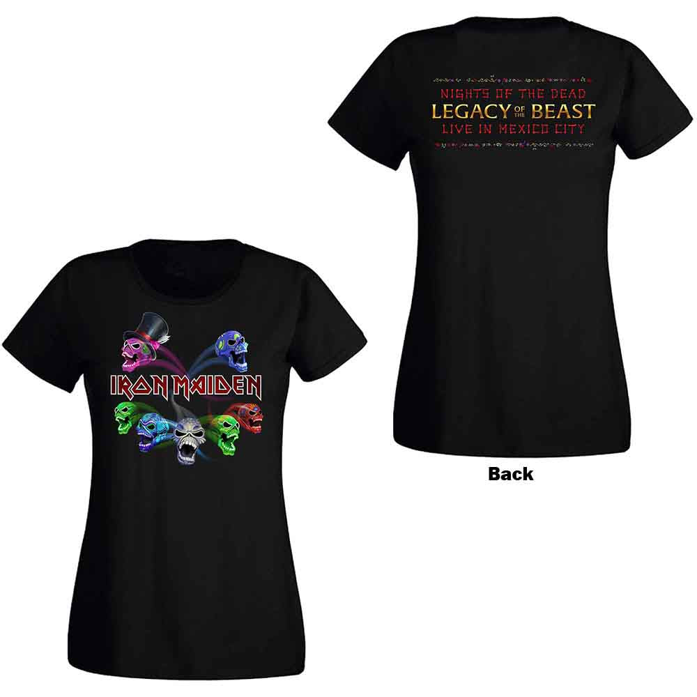 Iron Maiden Ladies T-Shirt: Legacy of the Beast Live Album Skulls (Black) (Back Print)