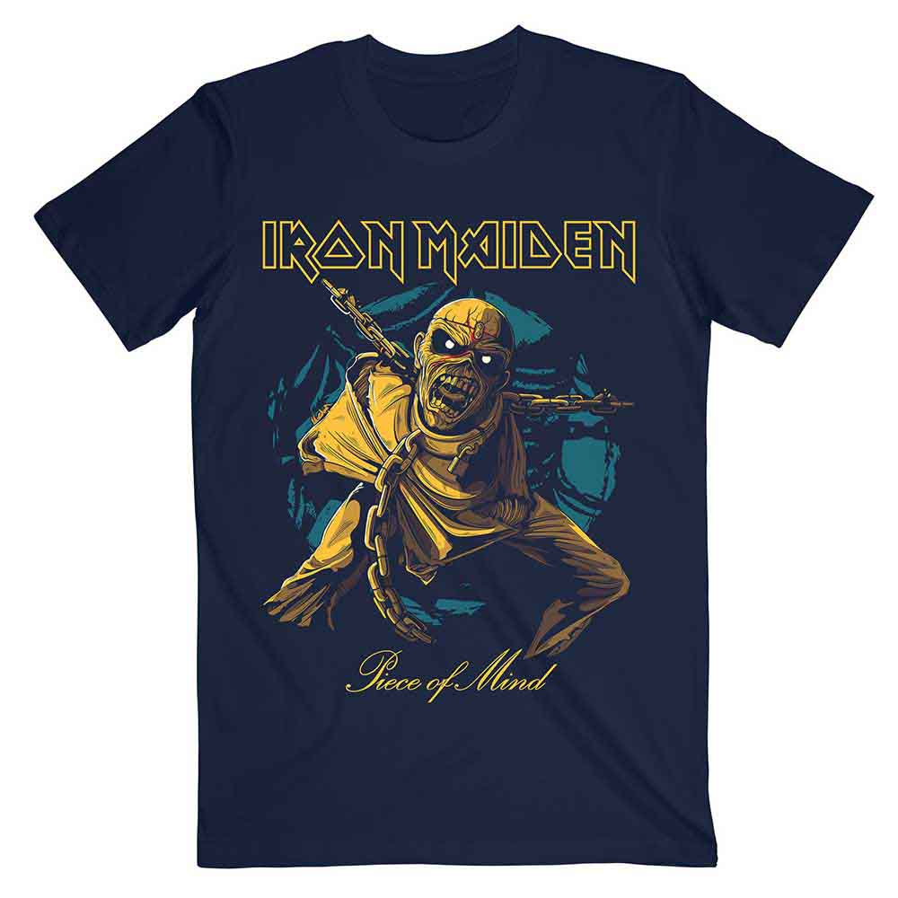 Iron Maiden Unisex T-Shirt: Piece of Mind Gold Eddie (Navy Blue)