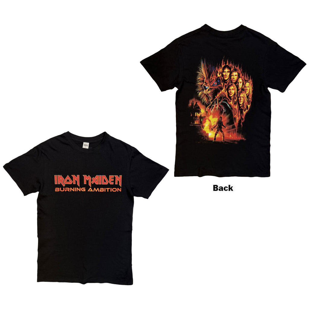 Iron Maiden Unisex T-Shirt: Burning Ambition Text Logo (Black) (Back Print)