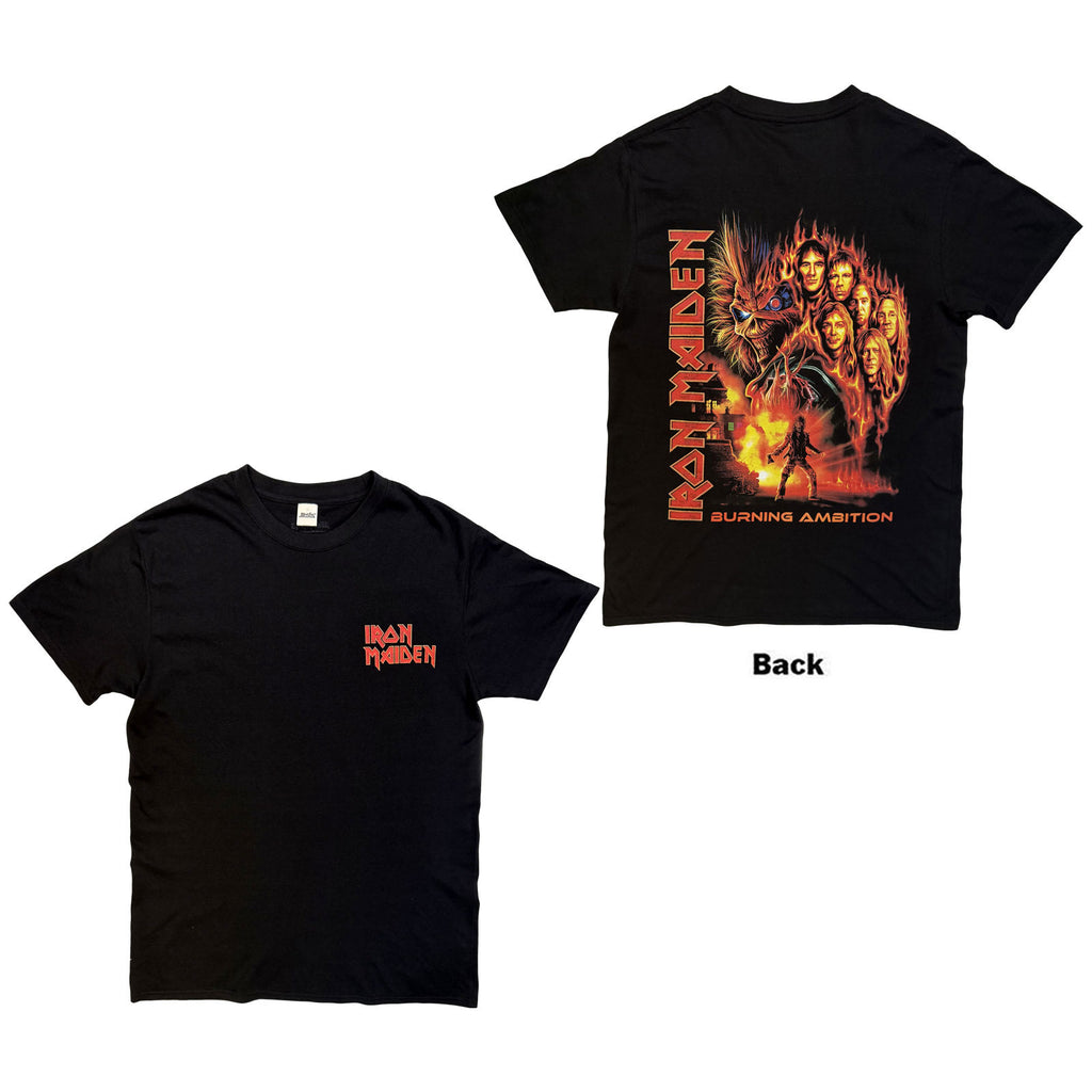 Iron Maiden Unisex T-Shirt: Burning Ambition Pocket Logo (Black) (Back Print)
