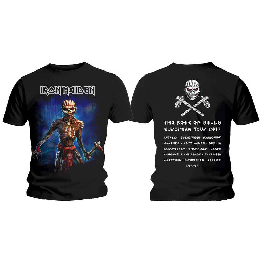 Iron Maiden Unisex T-Shirt: Axe Eddie Book of Souls European Tour V.2 (Black) (Back Print)