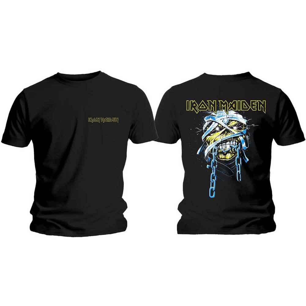 Iron Maiden Unisex T-Shirt: Powerslave Head & Logo (Black) (Back Print)