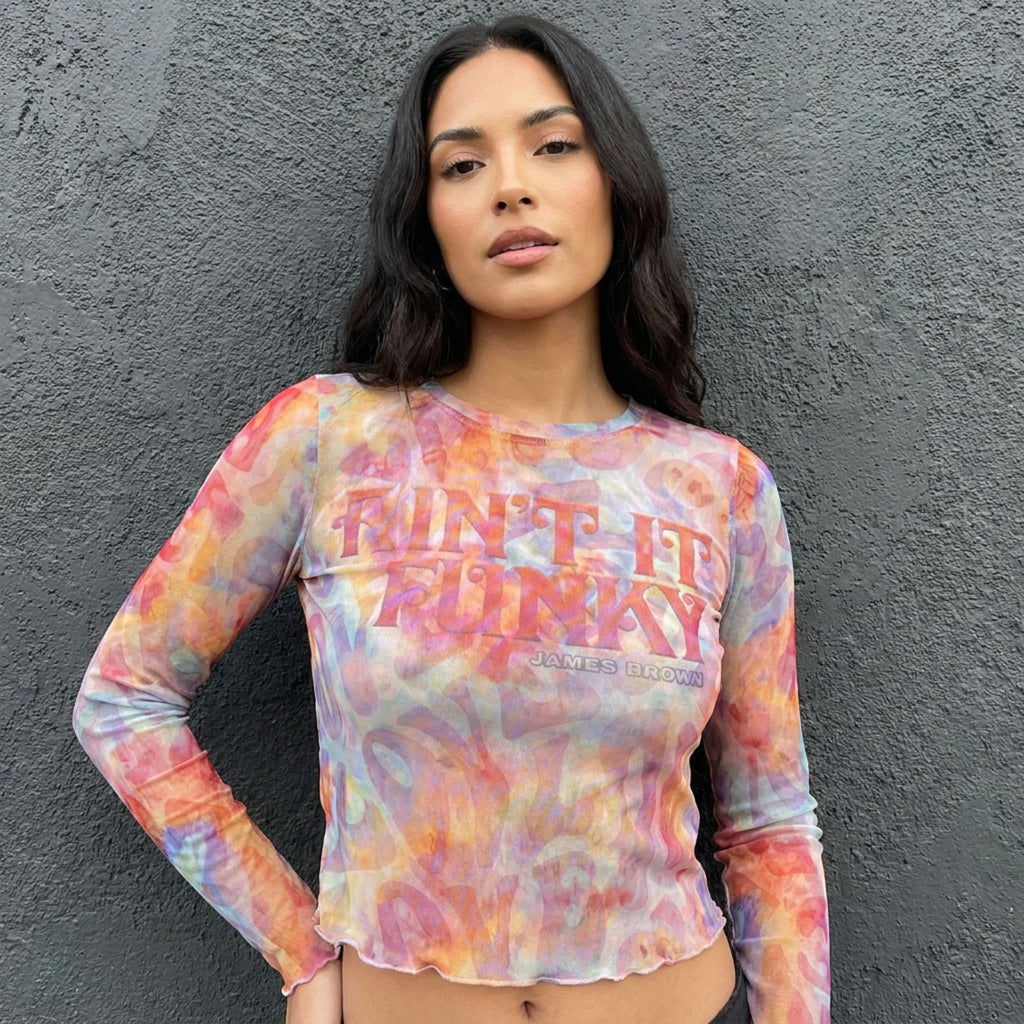 James Brown Ladies Long Sleeve Mesh Crop Top: Funky (Light Blue)