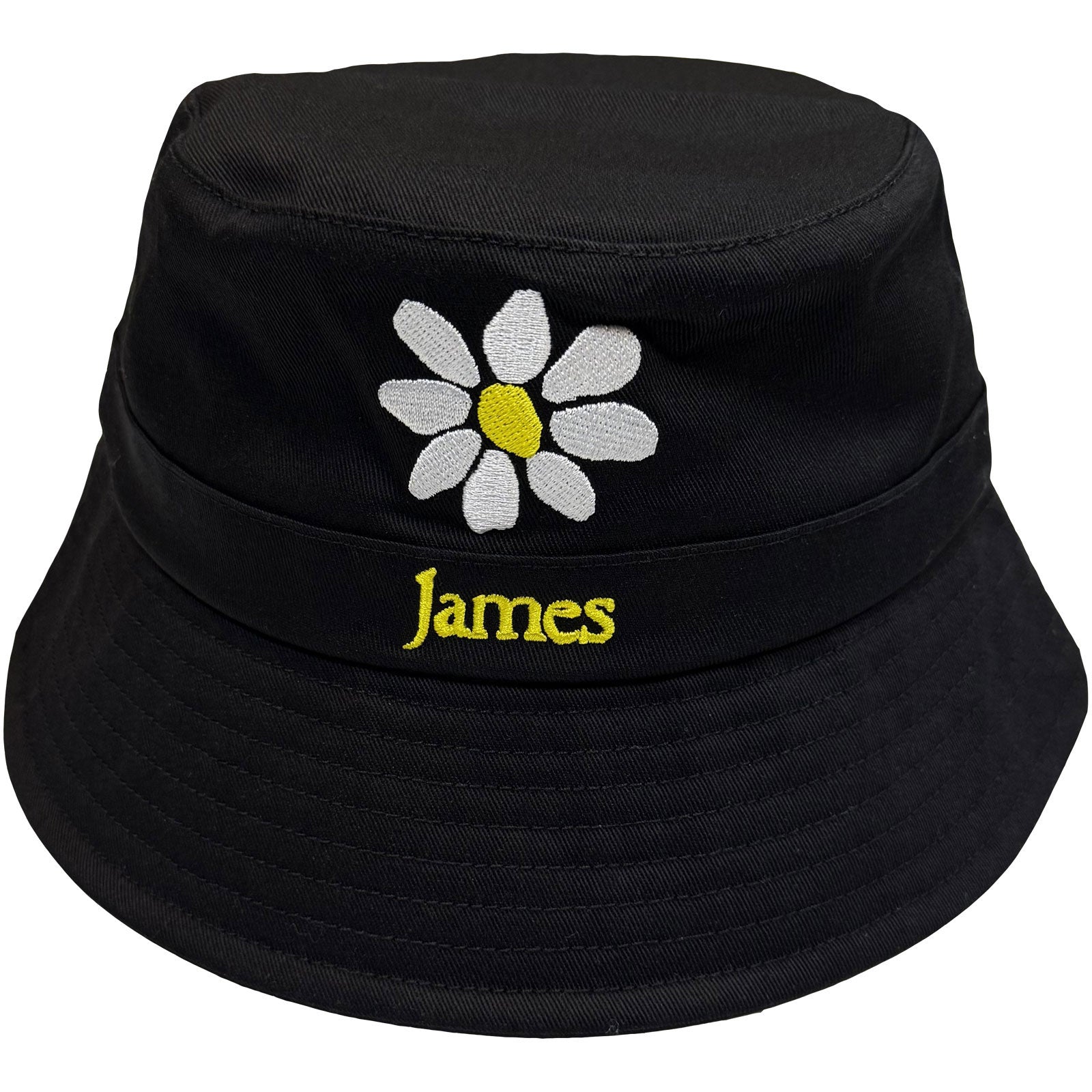 James Unisex Bucket Hat: Yellow Logo White Daisy (Black)