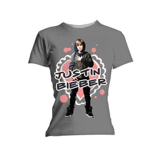Justin Bieber Ladies T-Shirt: Cut Out Hearts (Grey) (Skinny Fit)