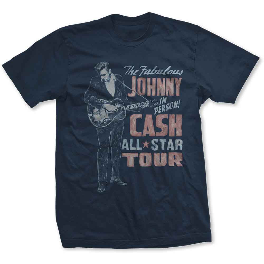 Johnny Cash Unisex T-Shirt: All Star Tour (Navy Blue) (Back Print)