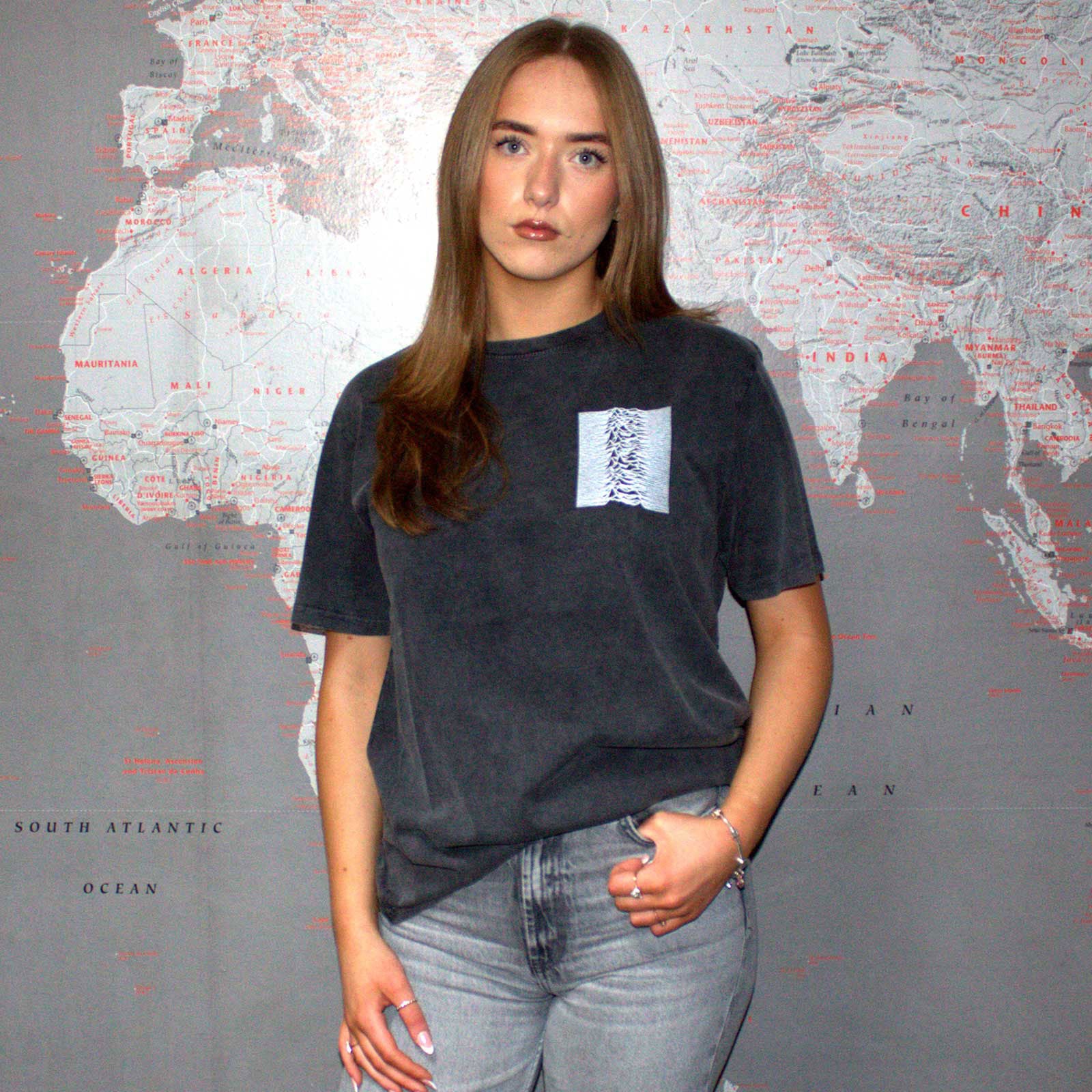 Joy Division Unisex Stone Wash T-Shirt: Pulsar Pocket Wave (Charcoal Grey) (Back Print)