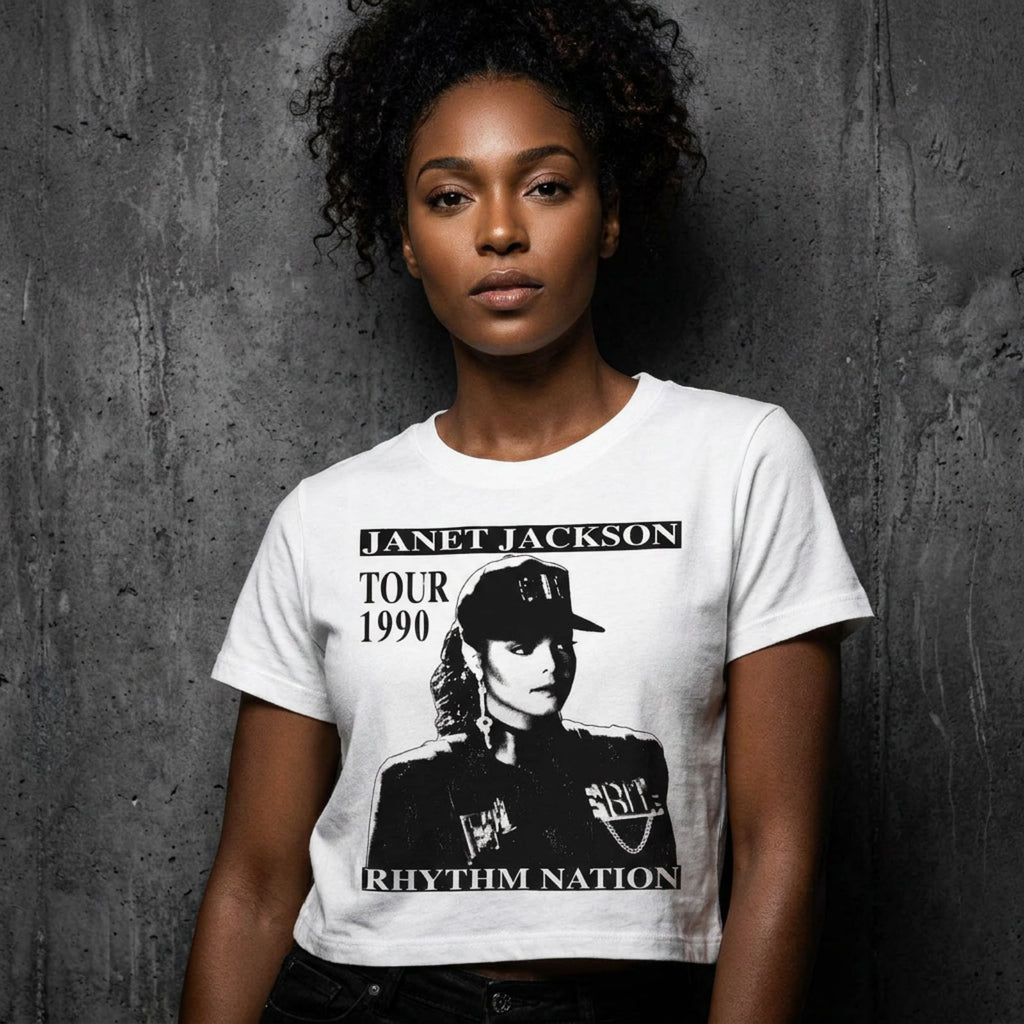 Janet Jackson Ladies Crop Top: Rhythm Nation (White)
