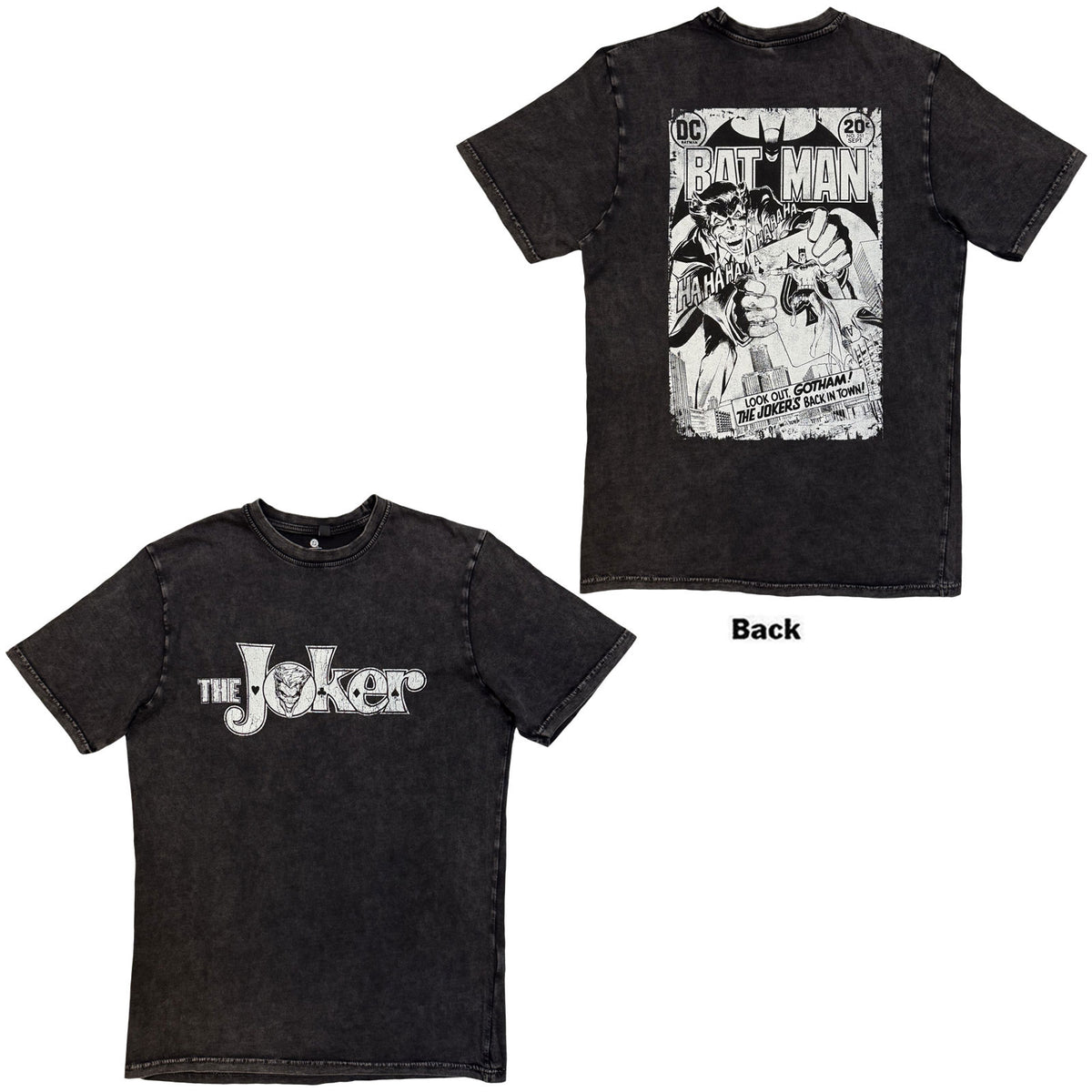 DC Comics Unisex Stone Wash T-Shirt: Joker Look Out Gotham! (Black) (Back Print)