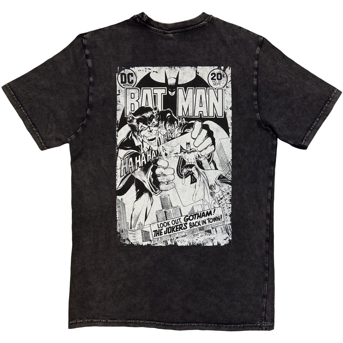 DC Comics Unisex Stone Wash T-Shirt: Joker Look Out Gotham! (Black) (Back Print)
