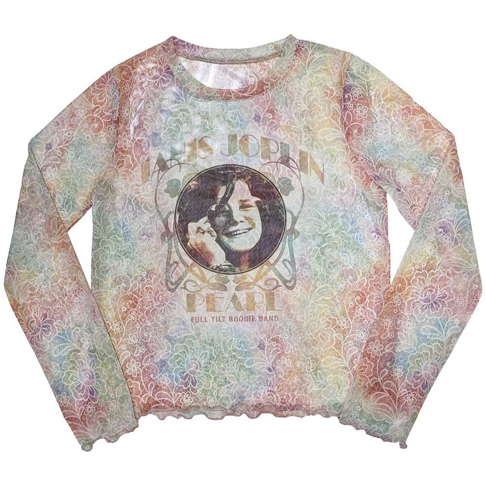 Janis Joplin Ladies Long Sleeve Mesh Crop Top: Pearl (White)