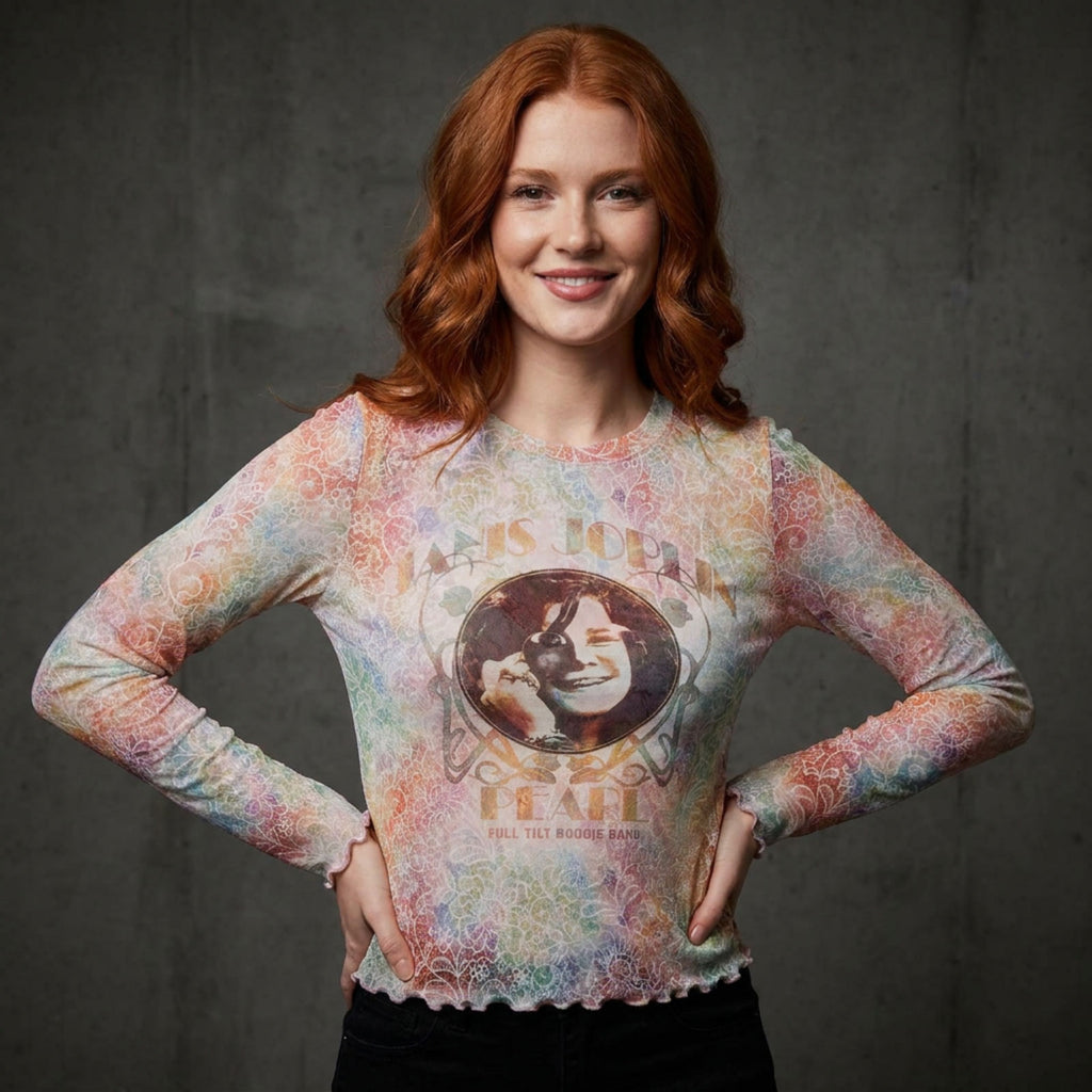 Janis Joplin Ladies Long Sleeve Mesh Crop Top: Pearl (White)