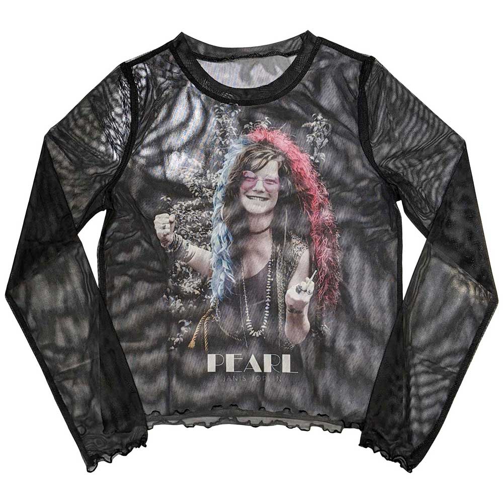 Janis Joplin Ladies Long Sleeve Mesh Crop Top: Pearl Garden (Black)