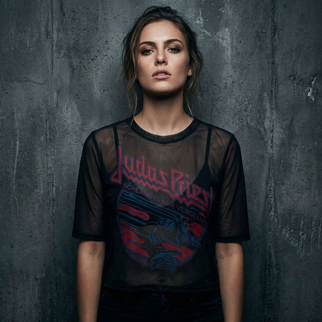 Judas Priest Ladies Mesh Crop Top: Screaming For Vengeance (Black)