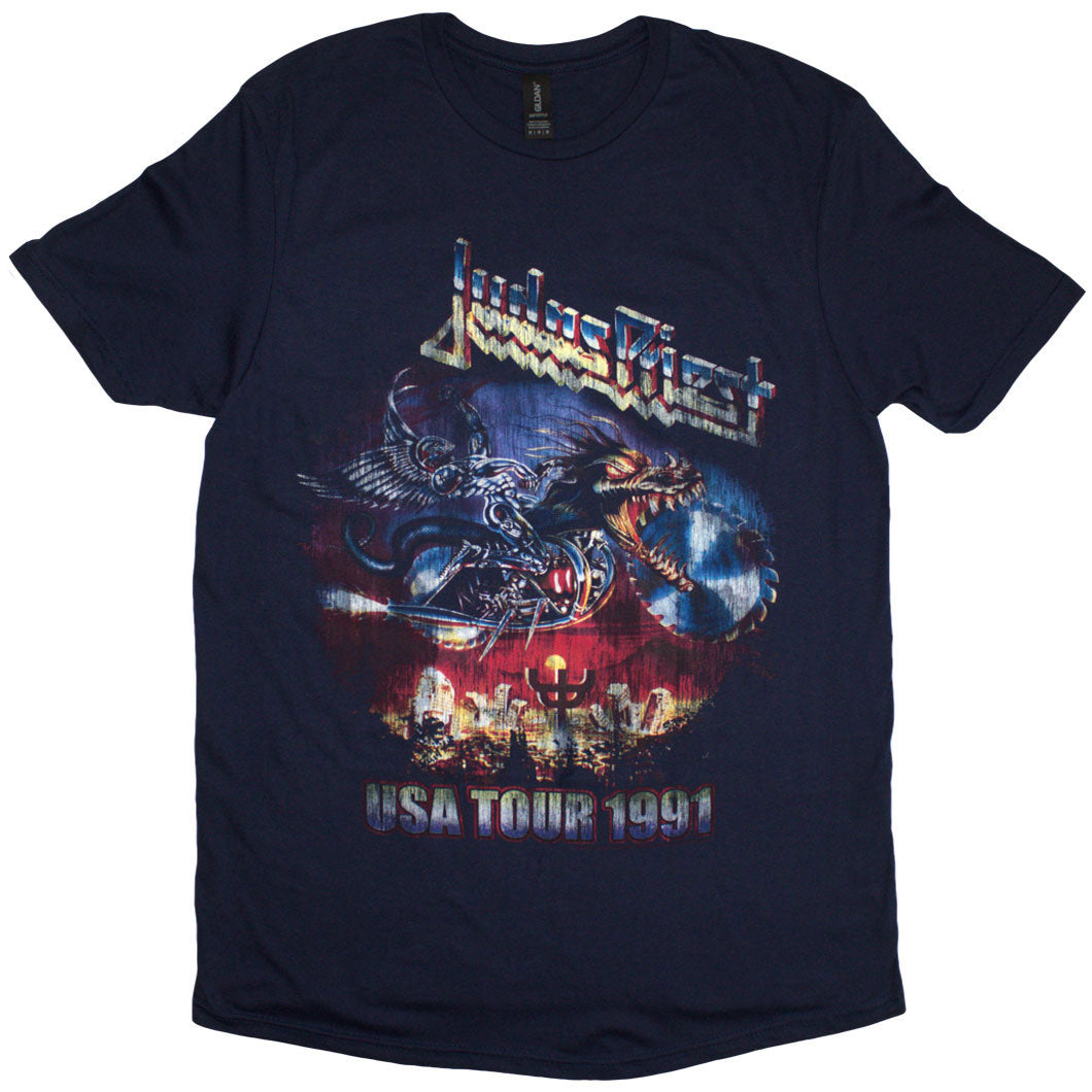 Judas Priest Unisex T-Shirt: Painkiller US Tour 91 (Navy Blue)
