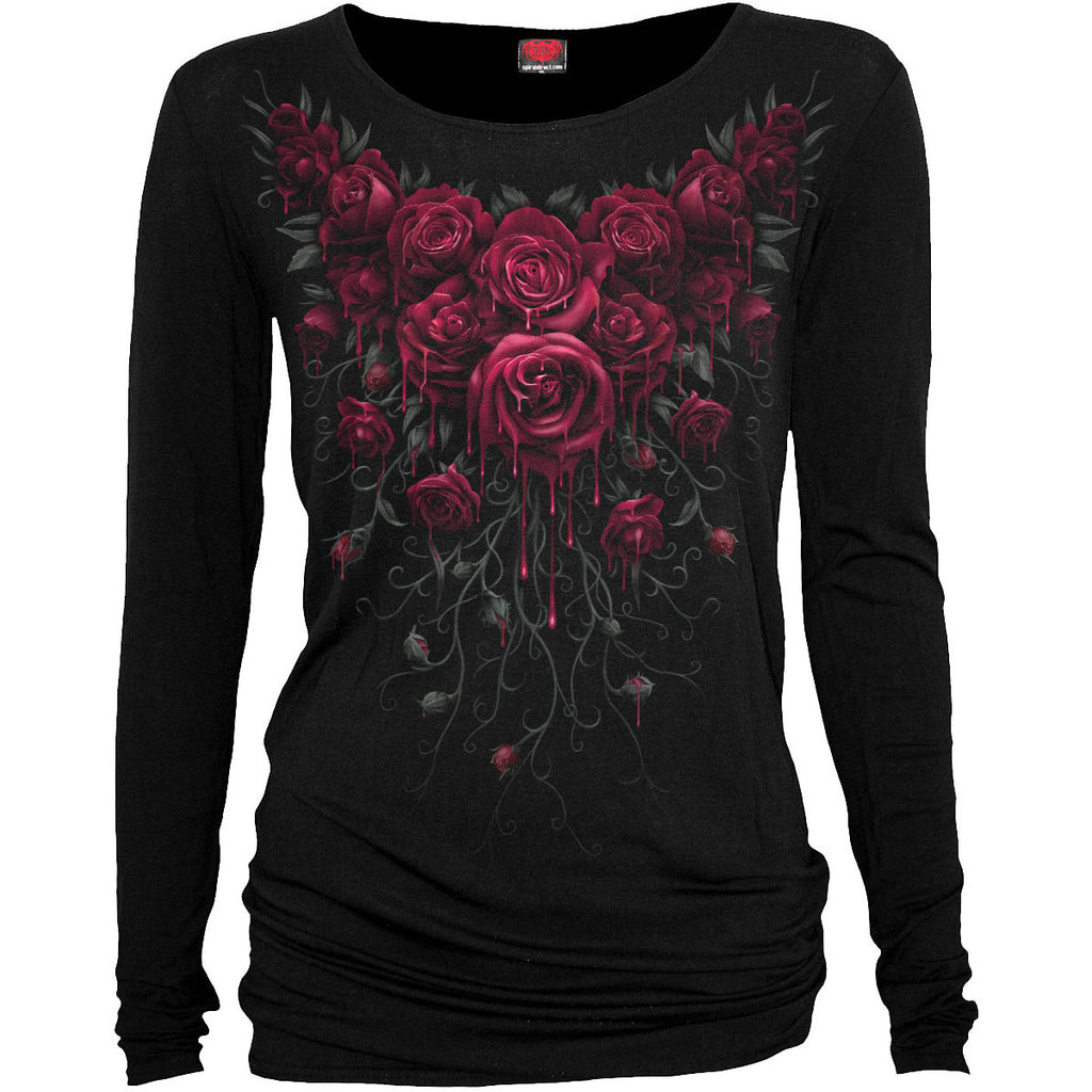 Spiral Ladies Long Sleeve Baggy T-Shirt: Blood Rose (Black)
