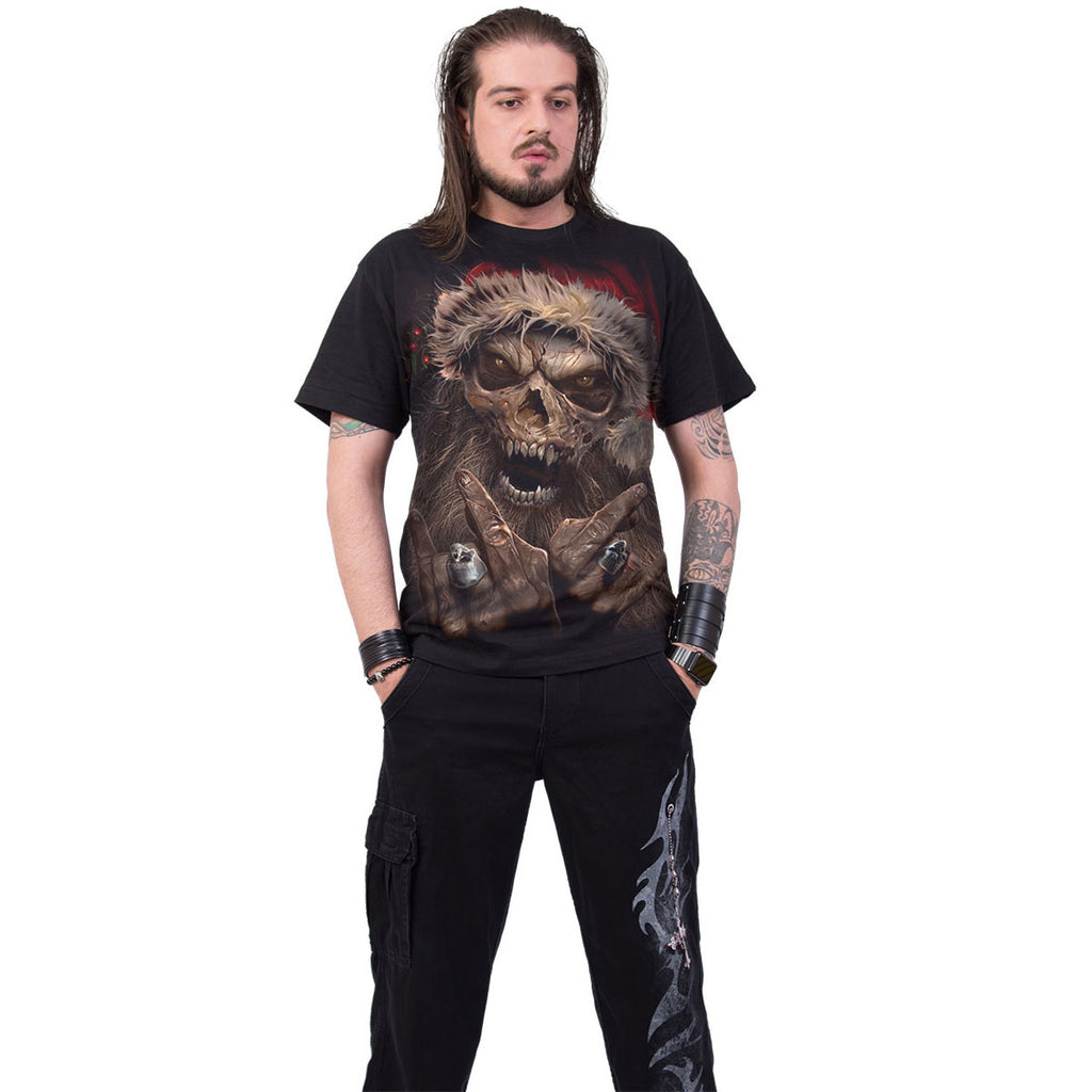 Spiral Unisex T-Shirt: Rock Santa (Black) (Back Print)