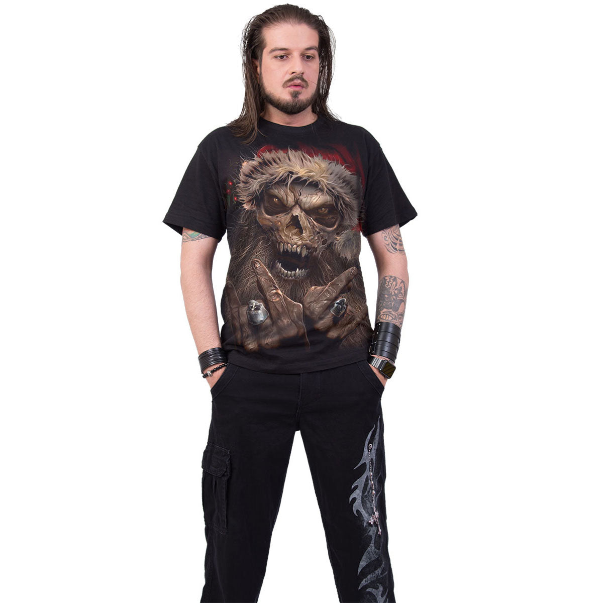 Spiral Unisex T-Shirt: Rock Santa (Black) (Back Print)