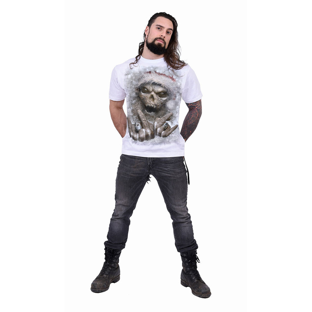 Spiral Unisex T-Shirt: Rock Santa (White) (Back Print)