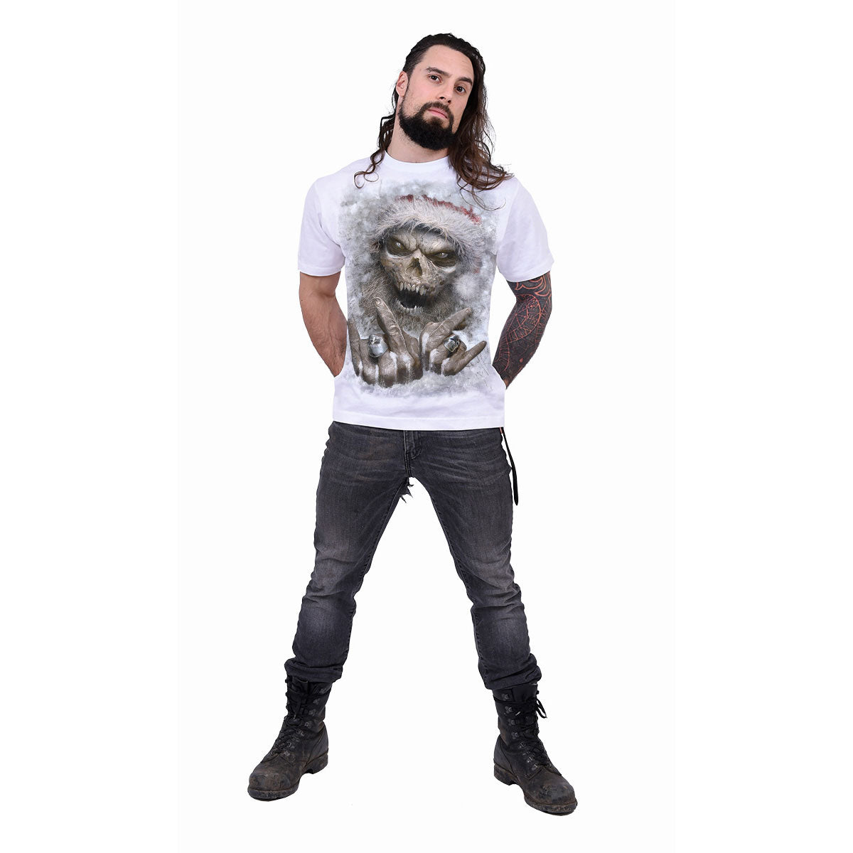 Spiral Unisex T-Shirt: Rock Santa (White) (Back Print)