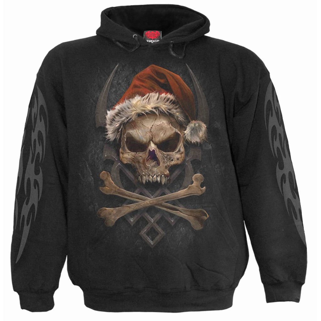Spiral Unisex Pullover Hoodie: Rock Santa (Black) (Back & Sleeve Print)