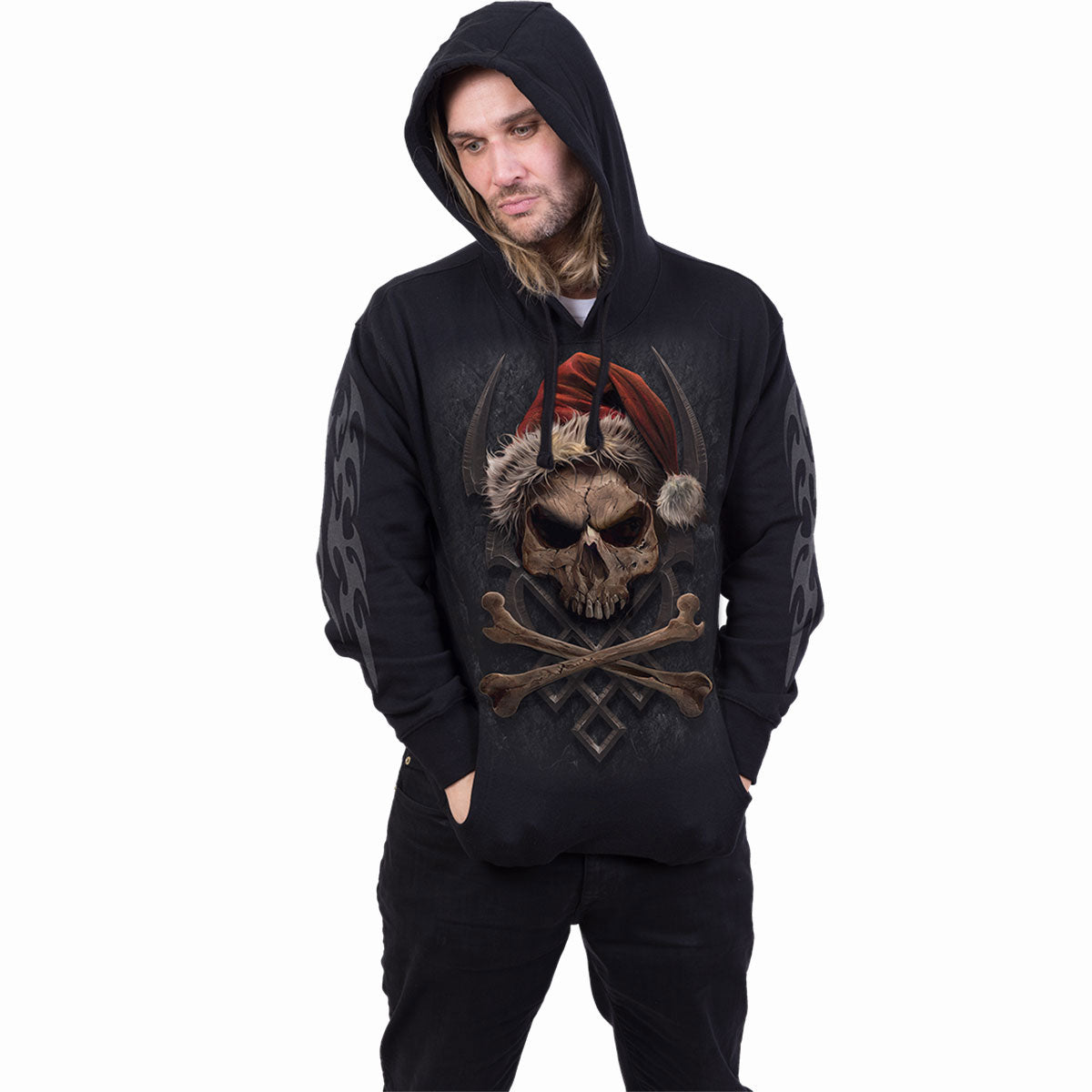 Spiral Unisex Pullover Hoodie: Rock Santa (Black) (Back & Sleeve Print)
