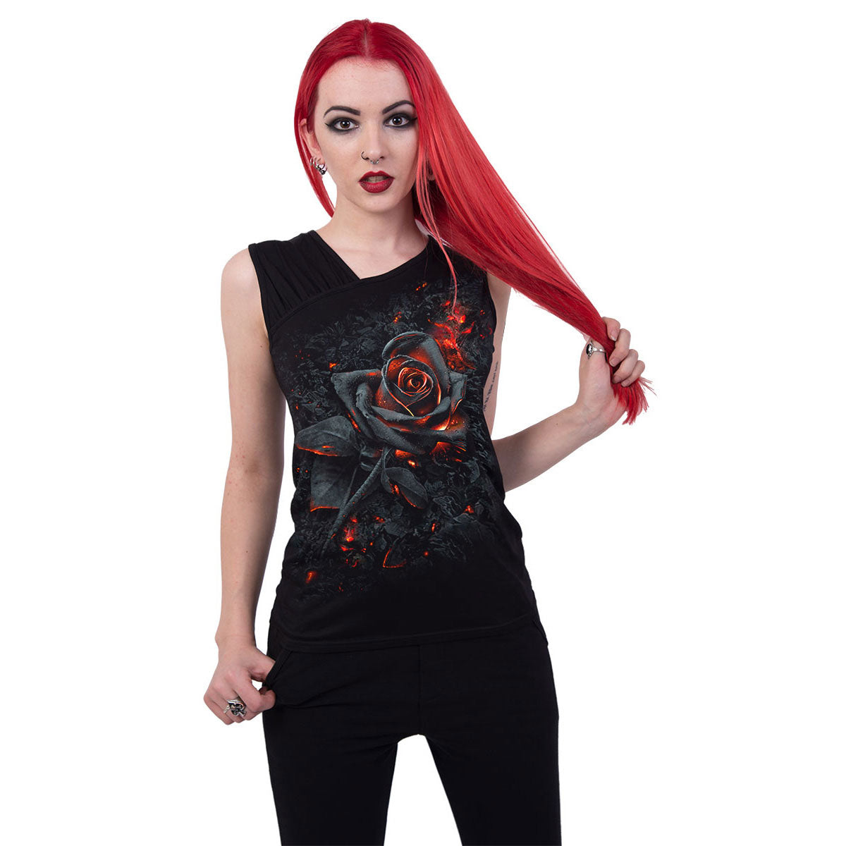 Spiral Ladies Gathered Shoulder Slant Vest T-Shirt: Burnt Rose (Black)