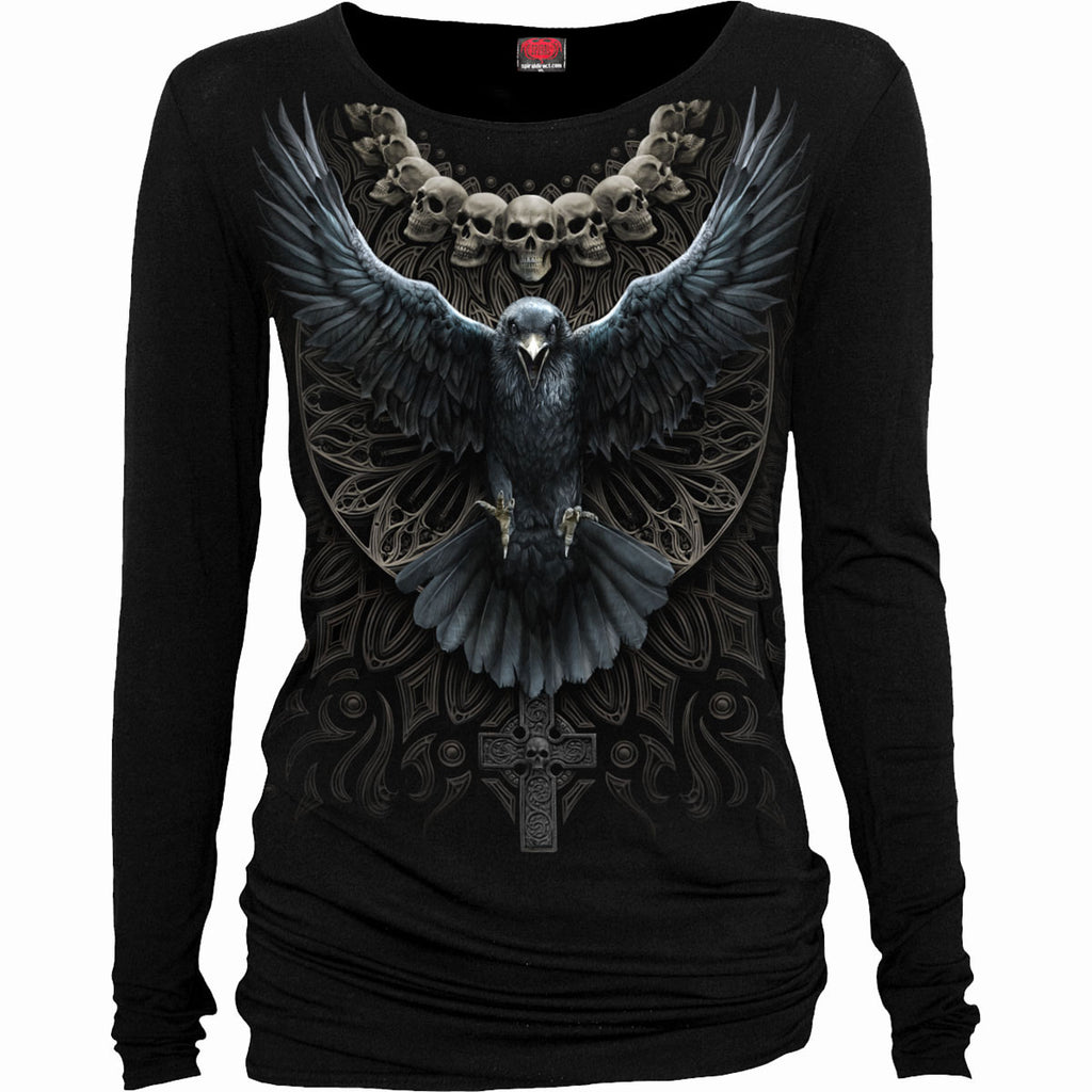 Spiral Ladies Long Sleeve Baggy T-Shirt: Raven Skull (Black)