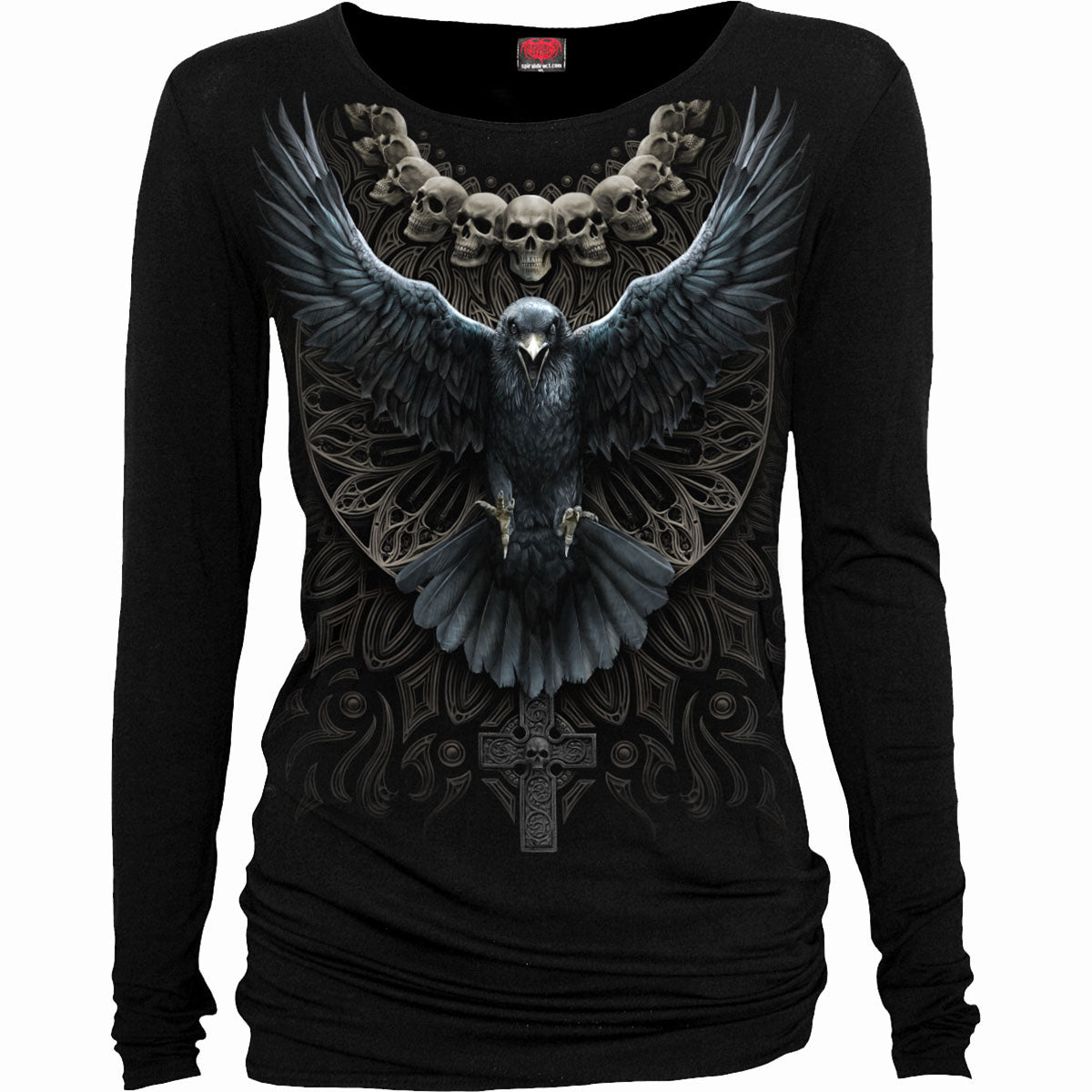 Spiral Ladies Long Sleeve Baggy T-Shirt: Raven Skull (Black)