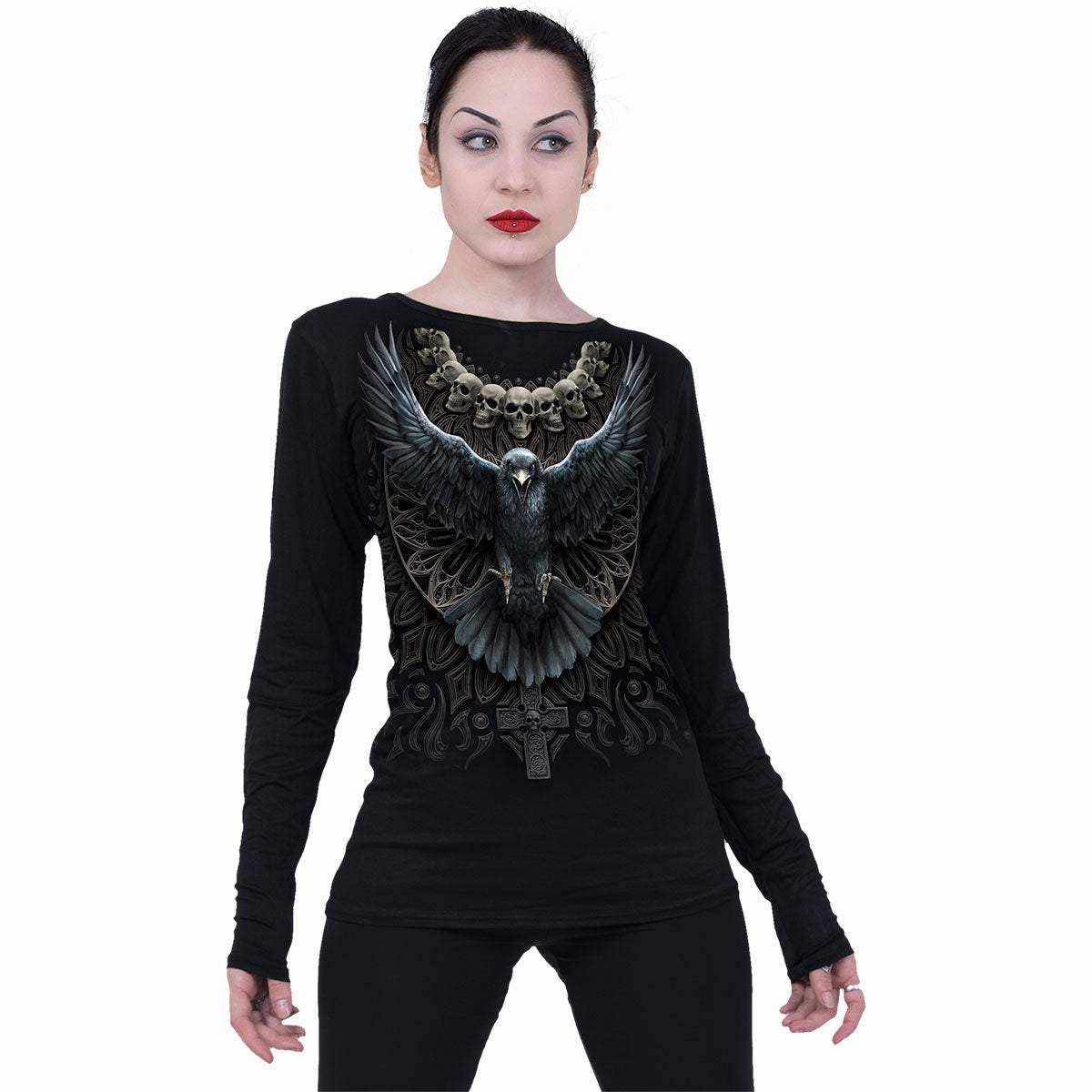 Spiral Ladies Long Sleeve Baggy T-Shirt: Raven Skull (Black)