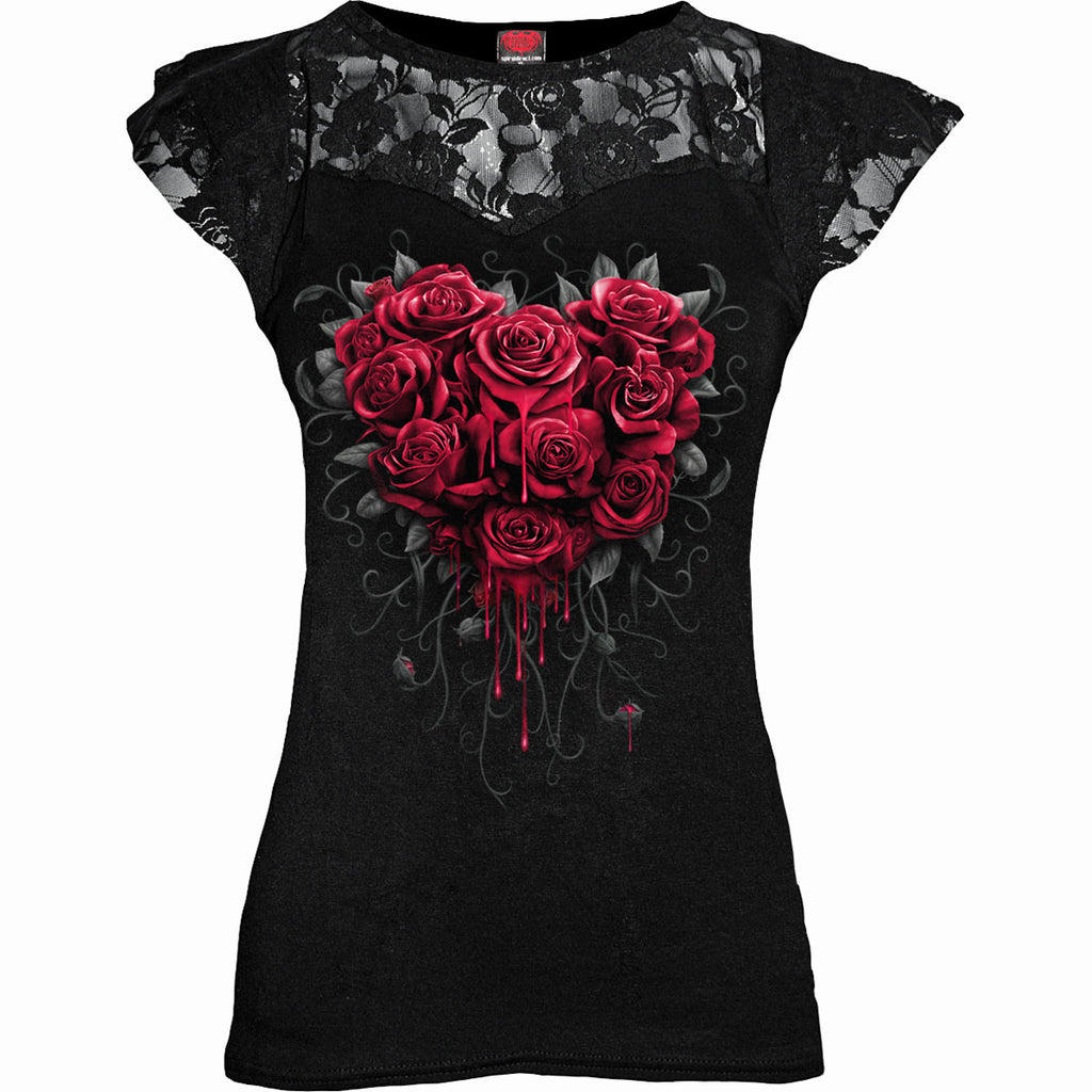 Spiral Ladies Lace Layered Cap Sleeve Top: Bleeding Heart (Black)
