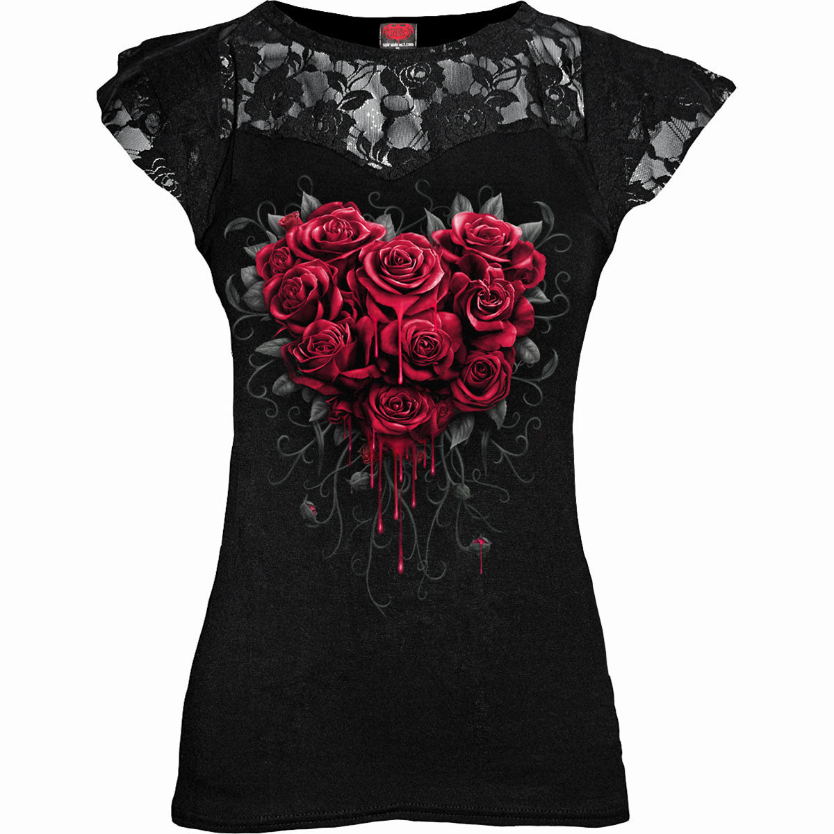 Spiral Ladies Lace Layered Cap Sleeve Top: Bleeding Heart (Black)