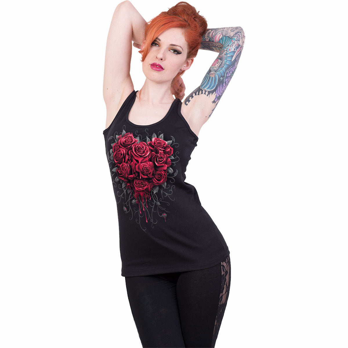Spiral Ladies Razor Back Vest T-Shirt: Bleeding Heart (Black)